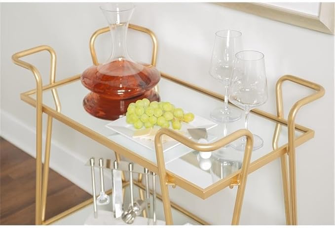 Allora Mid-Century Bar Cart, 30" x 17.38" x 31.75", Gold Finish, Iron and Mirrored Shelves, 2-Tier Design with Castors, Rustic Glam Style, Storage Accent for Entertaining and Home Use