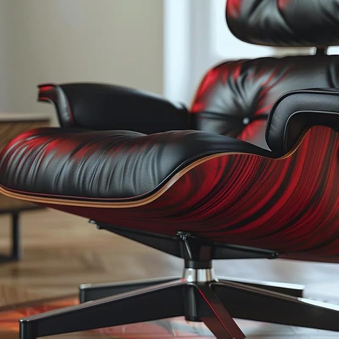 Top Black Grain Leather, Mid Century Chaise Lounge Chair and Ottoman, Modern Chair Classic Design, Red Rosewood, Heavy Duty Base Support for Living Room Office