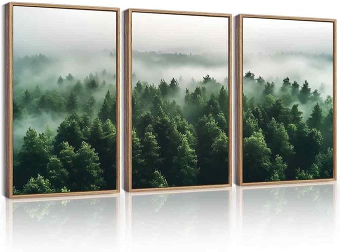 KUVIOKE Green Fog Pine Tree Framed Wall Art Nature Nordic Misty Forests Artwork Morden Painting Bedroom Decor 16x24in (Natural Framed)