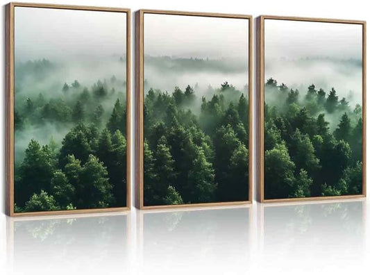 KUVIOKE Green Fog Pine Tree Framed Wall Art Nature Nordic Misty Forests Artwork Morden Painting Bedroom Decor 16x24in (Natural Framed)