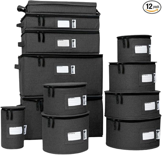 China Storage Hard Shell Containers 12-Piece Set Moving Boxes for Dinnerware, Glasses, Plates, Mugs and Saucers Sturdy Dish Organizer with Dividers for Seasonal Storage - Service for 12 - Black