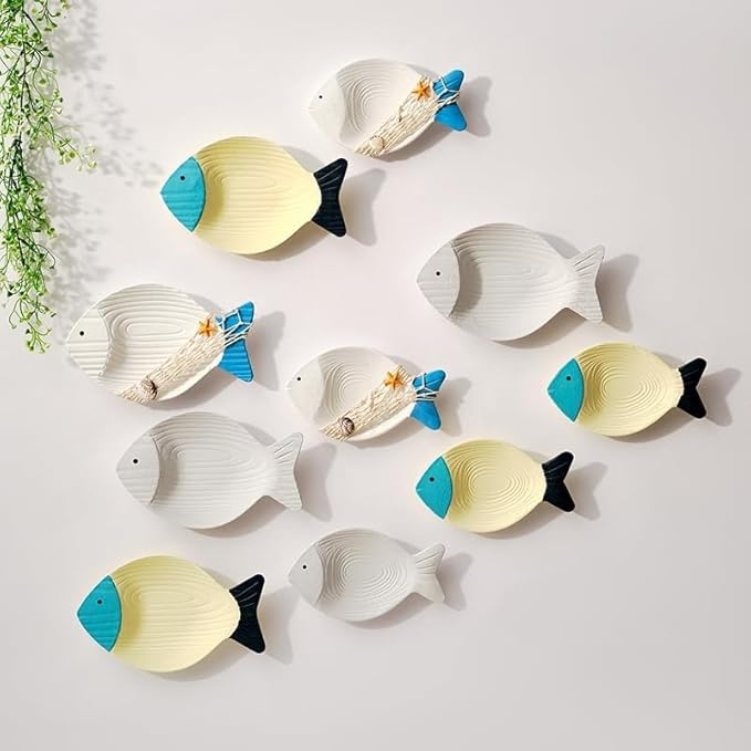 CSWLJS 2PC Beach Decor - Fish Hanging Wall Art, Coastal & Ocean Decor for Bathroom, Patio or Pool. White Wooden Vintage