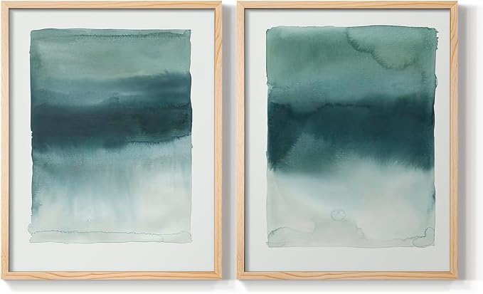 Renditions Gallery Set of 2 Peel & Stick Framed Prints, Tie Dye Abstract Wall Art, Sage Green Watercolor Horizon Wall Decor, Re-Stickable - Ready to Hang - 8"x10" - NATURAL WOOD Frame LT588