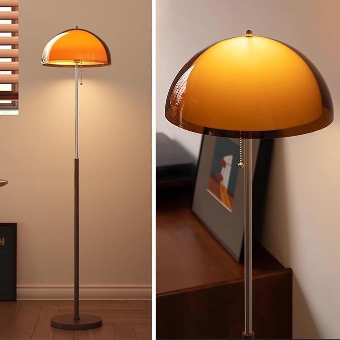 Mushroom Floor Lamp 63" H Orange Floor Lamp for Living Room with Gradient Double Dome Lampshade 3 Color Adjustable Light Pull Chain Switch MCM Standing Lamp for Bedroom Office Study Room