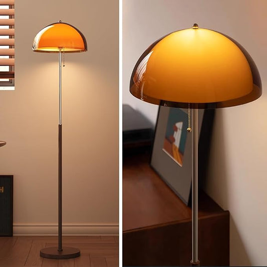 Mushroom Floor Lamp 63" H Orange Floor Lamp for Living Room with Gradient Double Dome Lampshade 3 Color Adjustable Light Pull Chain Switch MCM Standing Lamp for Bedroom Office Study Room