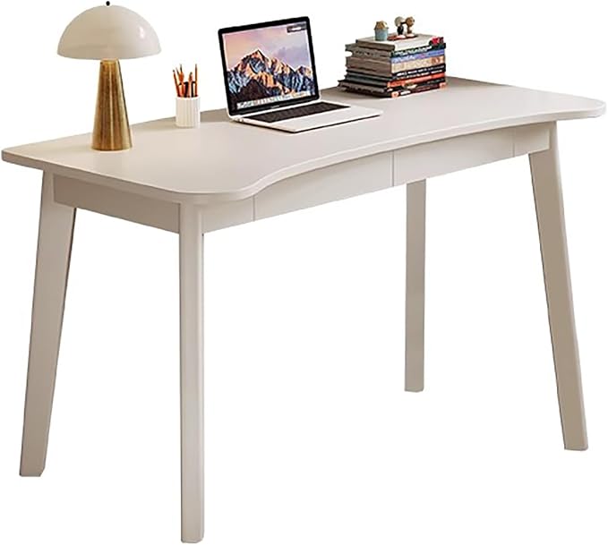 Solid Wood Desk with Drawer, Small Work Desks Writing Table for Home Office, Mid Century Modern Computer Desk for Small Spaces(32" W, White)