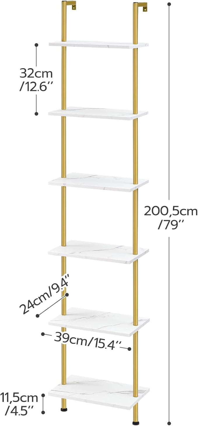 HOOBRO DIY Ladder Shelf, 6-Tier Wooden Wall Mounted Bookshelf, Narrow Gold Bookcase, Display Shelf, Storage Rack, Plant Stand, for Living Room, Bedroom, Study, Balcony, Marble and Gold DM651CJ01