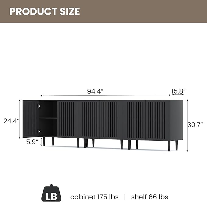 CHUWELL Farmhouse Storage Cabinet Set of 3, 94.5" Buffet Cabinet with 6 Doors and Adjustable Shelf, Sideboard Coffee Bar with Solid Wood Feet for Kitchen,Dining Room,Living Room,Black