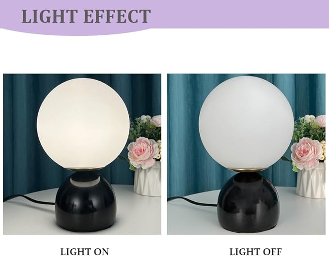 Meefad Globe Bedside Lamp, Modern Cute Night Light with Glass Shade, Marble Base, Small Table Lamp for Bedroom - Black