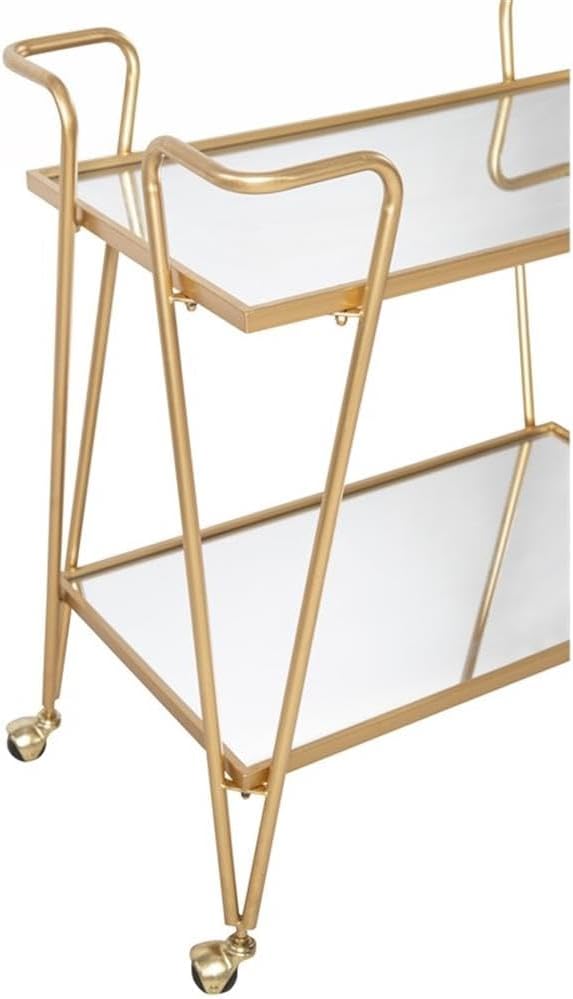 Allora Mid-Century Bar Cart, 30" x 17.38" x 31.75", Gold Finish, Iron and Mirrored Shelves, 2-Tier Design with Castors, Rustic Glam Style, Storage Accent for Entertaining and Home Use