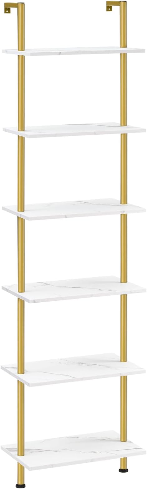 HOOBRO DIY Ladder Shelf, 6-Tier Wooden Wall Mounted Bookshelf, Narrow Gold Bookcase, Display Shelf, Storage Rack, Plant Stand, for Living Room, Bedroom, Study, Balcony, Marble and Gold DM651CJ01