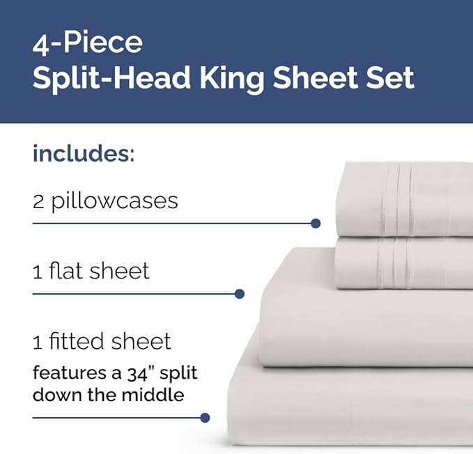 Flex Top Split Head King 4 Piece Sheet Set - Ultra-Soft, Breathable & Cooling Bed Sheets Set - Hotel Luxury Bedding for Women & Men with Deep Pockets - Wrinkle and Fade Free - Oeko-Tex - French Grey