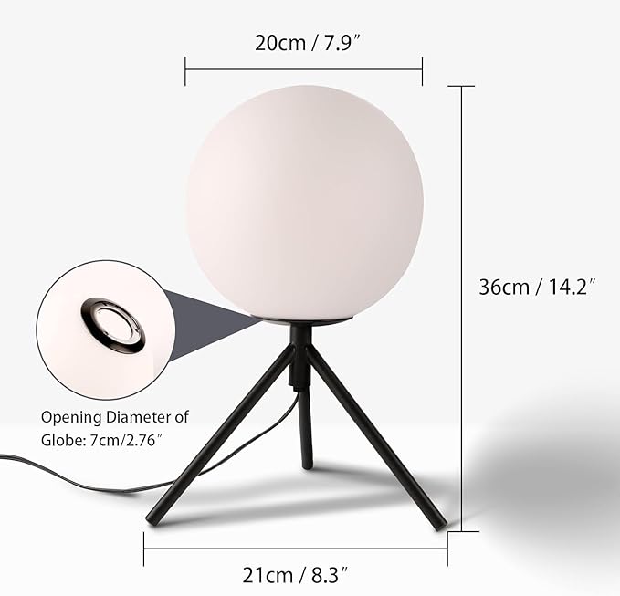 Modern Black Globe Table Lamp, Mid Century Small Bedside Lamp, Opal Glass Ball Lamp with Metal Tripod Base, Cute Nightstand Lamp Minimalist Desk Lamp for Bedrooom Living Room Office Study