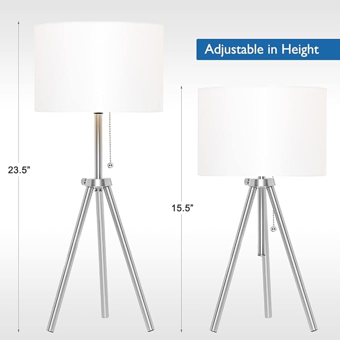 O’Bright Tripod Table Lamp, Adjustable in Height, 100% Metal Body with Linen Drum Shade, Bedside Lamp, Nightstand Lamp, Side Table Lamp for Living Room, Bedroom, Office, Brushed Nickel