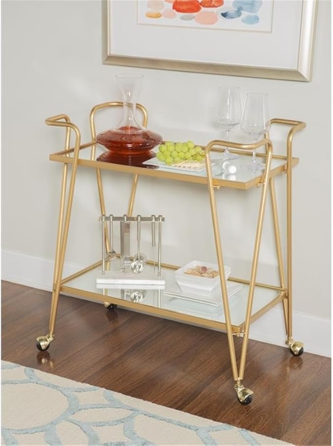 Allora Mid-Century Bar Cart, 30" x 17.38" x 31.75", Gold Finish, Iron and Mirrored Shelves, 2-Tier Design with Castors, Rustic Glam Style, Storage Accent for Entertaining and Home Use