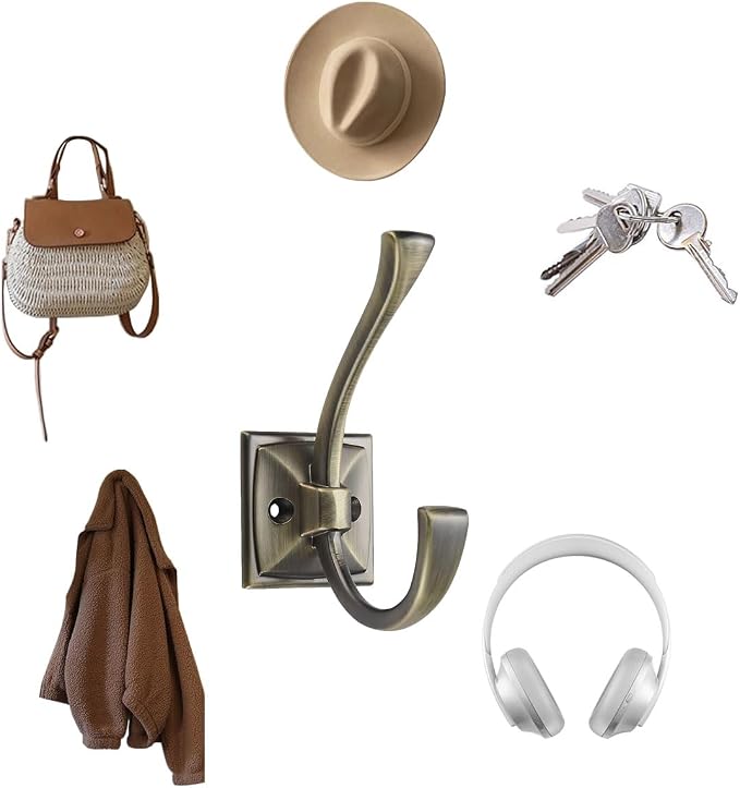 5 Pack Decorative Heavy Duty Towel Hooks for Hanging Robe Double Brushed Antique Brass Coat Hooks Wall Mounted with Screws for Key, Towel, Bags, Cup, Hat