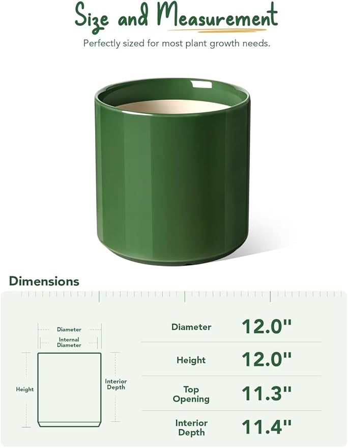 LE TAUCI 12 Inch Pot for Plants, Ceramic Planters for Indoor Plants, Mid-Century Modern Cylinder Flower Pots with Drainage Hole, Fits Fiddle Leaf Fig & Monstera, Home Decor, Bamboo Green