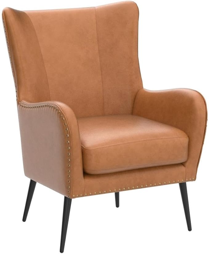 HULALA HOME Faux Leather Accent Chair with Removable Cushion, Comfy Upholstered Armchair with Black Metal Legs & Nailhead Trim Wingback Vanity Chair for Reading Living Room Bedroom, Camel