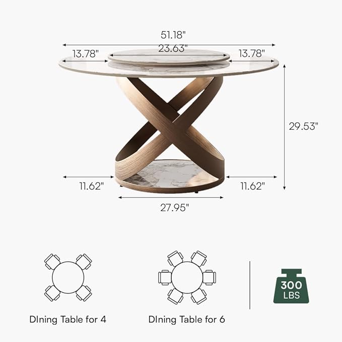 POVISON 51" Modern Round Dining Table with Lazy Susan, White Round Kitchen Table for 4, Sintered Stone Dining Room Table top with Bronze X Carbon Steel Base (Dining Table Only)