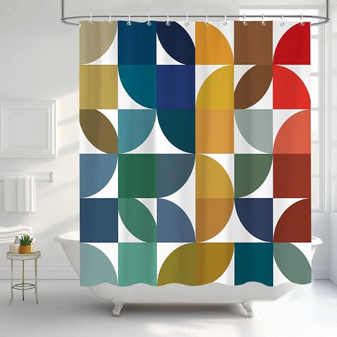 Colorful Mid Century Modern Shower Curtain, Boho Abstract Geometric Retro Art Shower Curtains for Bathroom, Rainbow Unique Cute Pattern Polyester Fabric Bathroom Set 12 Hooks 72X78IN