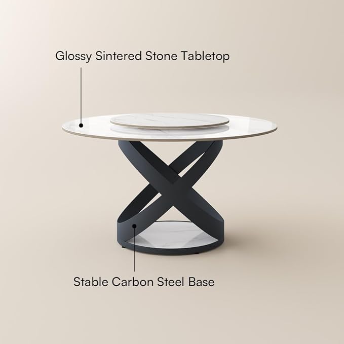 POVISON 51" Modern Dining Table, Glossy White Round Dining Table for 4 Built in Lazy Susan, Sintered Stone Dining Tabletop with Black X Carbon Steel Base (Table Only)