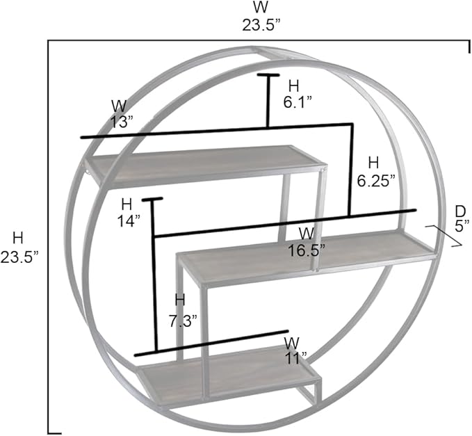 Admired By Nature, 23" Mounted Iron Circle Hanging Storage Shelving Floating Shelf 3 Tier Floating Circular Wall Decor Round Decorative Hanging Shelves, Sphere Shape Wall Shelf For Home, Black, 1 unit