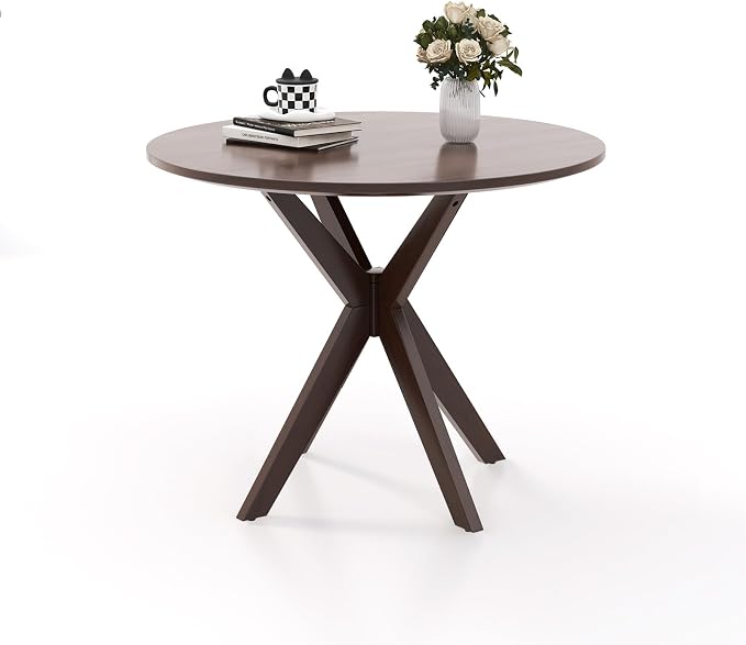 Moccha 36" Round Dining Table for 4 - Rubber Wood Kitchen Table with Intersecting Trestle Legs, Vintage Bar Table, Farmhouse Dining Room Tables for Dinette, Small Space, Restaurant, Bistro (Walnut)