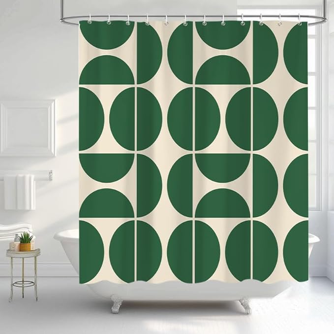 Green Mid Century Modern Shower Curtain, Boho Abstract Geometric Retro Art Bath Curtains for Bathroom, Colorful Unique Pattern Waterproof Polyester Fabric Bathroom Set 12 Hooks 72X84IN