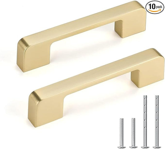 10 Pack 3-3/4 Inch Brushed Gold Cabinet Pulls Solid Zinc Alloy Gold Cabinet Handles - Brushed Brass Dresser Drawer Pulls for Kitchen Cabinet Hardware Zinc Alloy Handles