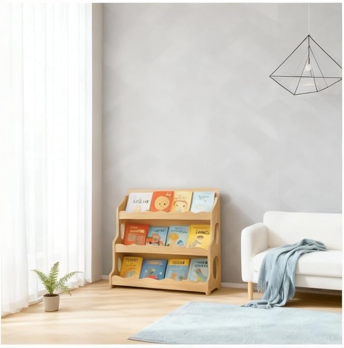 Kids Bookshelf Wooden Montessori Book Shelf Dutch Design 3Tier Scalloped,NaturalMapleWood GrainPattern