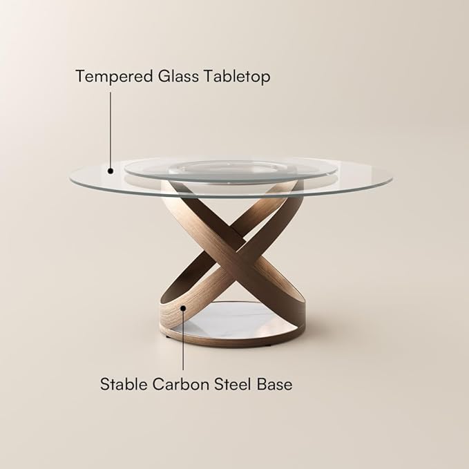 POVISON 59" Modern Round Dining Table with Lazy Susan, Glass Round Kitchen Table for 6, Glass Dining Room Table Top with Bronze X Carbon Steel Base for Dining Room (Dining Table Only)