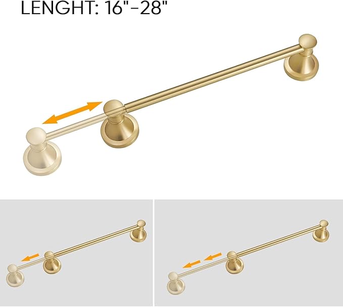BESy Adjustable 16 to 26 Inch Bath Towel Bar Rack for Bathroom Towel Holder, Wall Mounted Towel Bar Rod Hanger Bathroom Hardware Accessories Hotel Style, Stainless Steel, Brushed Gold