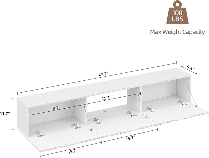 Floating TV Stand with 3 Doors,47IN Wall Mounted TV Cabinet,Floating Media Console Slatted Entertainment Center with Storage,Under TV Shelf for Bedroom Living Room,White