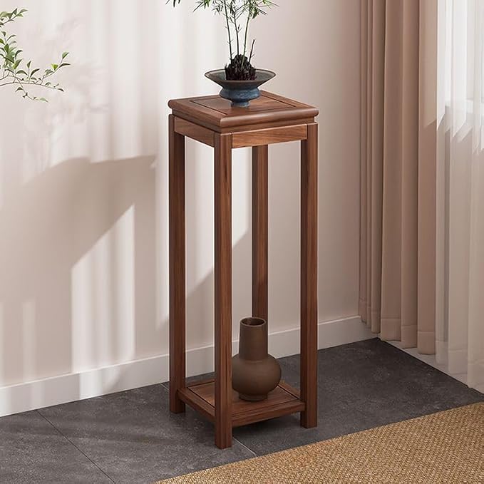Mid-Century Solid Wood Plant Stand, 2-Tier Tall Narrow Plant Holder Display Table, Corner Small Side Table by Sofa Couch (11.8" L x 11.8" W x 35.4" H)