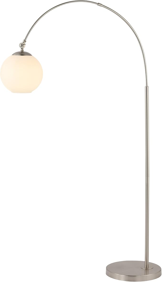JONATHAN Y 71" Nickel/White Nora Arc Floor Lamp, Mid-Century Modern Standing Light, Vintage Iron LED Arched Reading Lamp with Mercury Glass Shade, LED Bulb Included (JYL3089B)