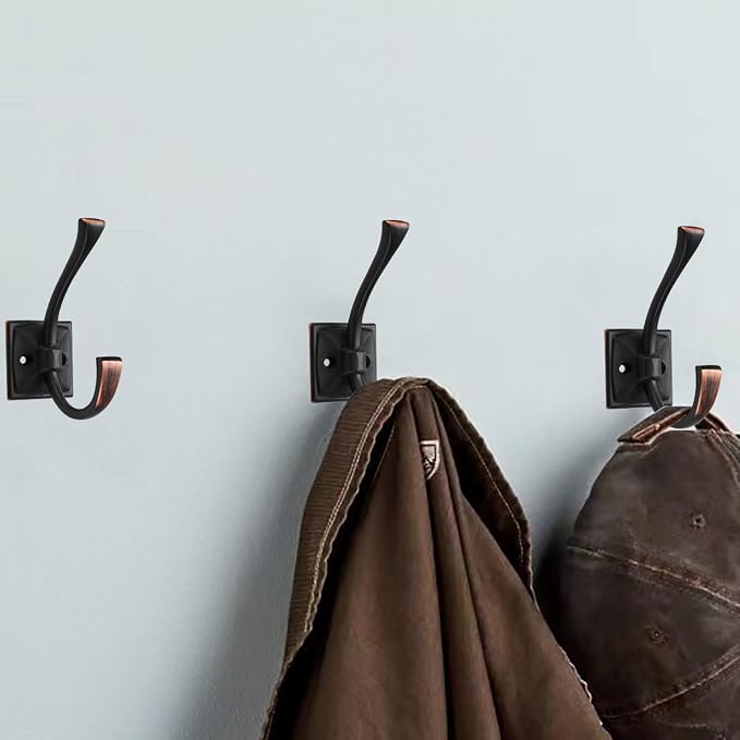 10 Pack Decorative Heavy Duty Towel Hooks for Hanging Robe Double Oil Rubbed Bronze Coat Hooks Wall Mounted with Screws for Key, Towel, Bags, Cup, Hat