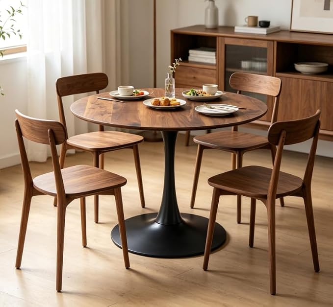Round Tulip Dining Table, Walnut Tulip Table with 0.8" Thickened Tabletop, 42.1 inches Dining Pedestal Table, Tulip Shape Table for Dining Room, Office, Cafe