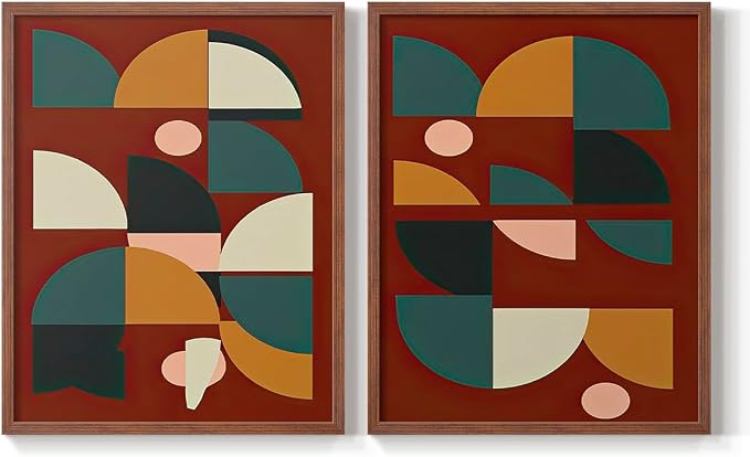 Renditions Gallery Set of 2 Peel & Stick Framed Prints, Mid Century Abstract Wall Art, Modern Geometric Shapes Wall Decor, Re-Stickable - Ready to Hang - 22"x28" - Walnut Frame LT588