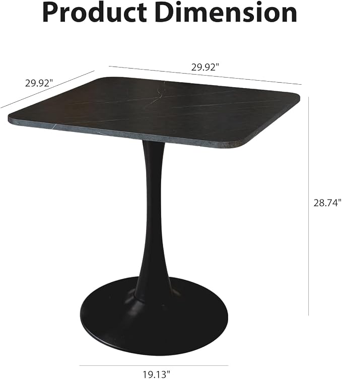 Square Modern Dinning Table 30 inches for 2-4 Bistro Tulip Table with Faux Marble top,Easy Assemble,no Wobble,Stable Sturdy Metal Frame Diameter 30in*H28.74in (Black, 30in)