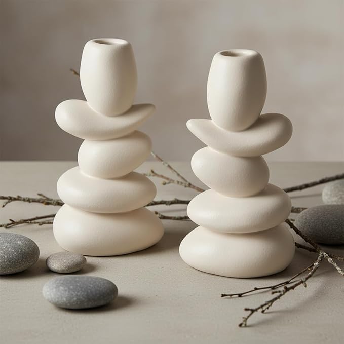 Faux Pebble Candlestick Holders,Set of 2 Natural Style Taper Candle Holders Candle Sticks Holder Decor for Dining Home Decor Table Centerpieces,Fits 0.87'' Thick Candles (Cream White)
