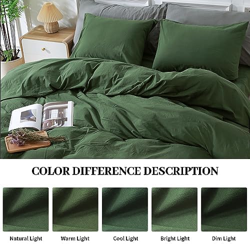 NEXHOME PRO Duvet Cover Set Queen Size Linen Feel Textured Organic Natural 100% Washed Cotton Duvet Cover 3 Pieces Bedding Set with Zipper Closure, Breathable, Soft, Forest Green (No Comforter)
