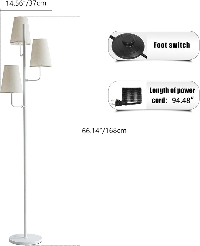 Traditional Floor Lamp for Living Room: 3 Light Linen Country Rustic Floor Lamp for Bedroom, White Standing Lamp with Foot Switch, Country Rustic Tall Lamp, No Bulb