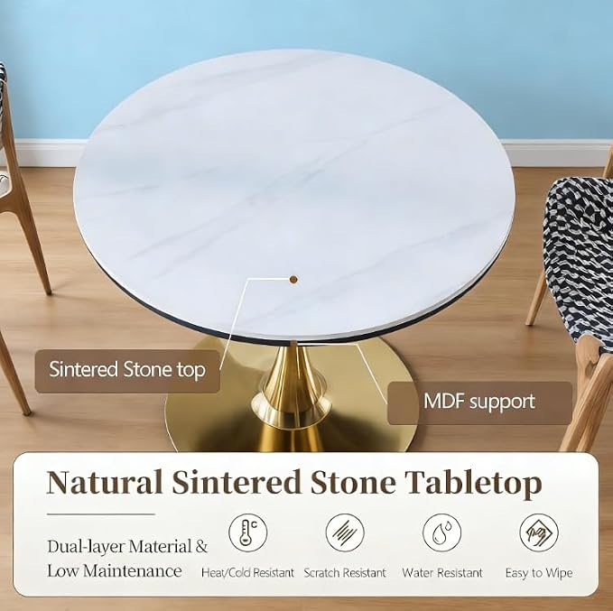 31.5" Marble Round Dining Table, Modern White and Gold Tulip Kitchen Table with Marble Tabletop & Sturdy Pedestal Base, Tulip Shape Table for Small Places, Living Room, Office, Cafe