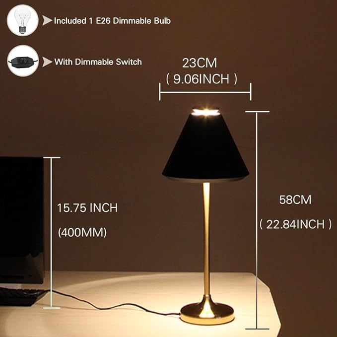 Mid Century Modern Table Lamp - Gold and Black Table Lamp, Dimmable Nightstand Lamp with Metal Barrel Shade E26 Bulb Included, Bedside Lamp for Bedroom Living Room