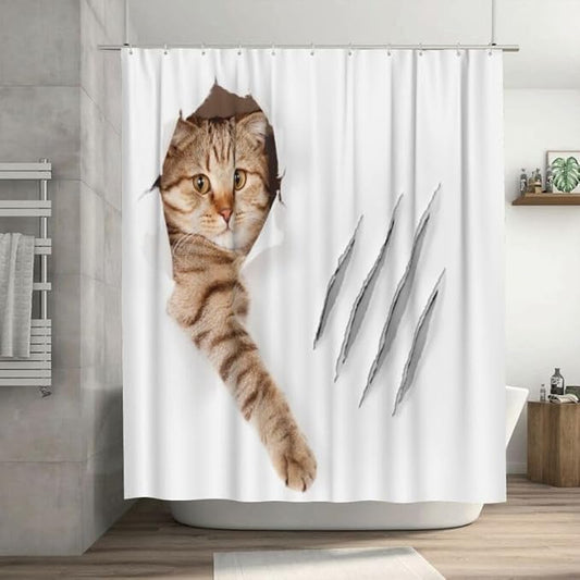 Cat Shower Curtain Funny Cat Hole Claw Scratches Playful Pet Pattern Duty Fabric Shower Curtains Set Bathroom Polyester Waterproof with 12 Hooks, 66x72Inch（168x183cm）
