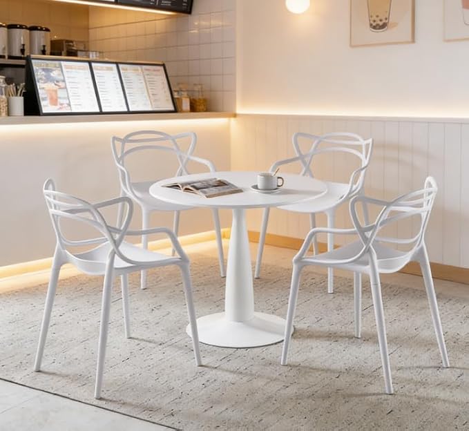 31.5" Round Dining Table Set for 4, Mid Century Modern Round Dining Table with 4 Chairs, w/Pedestal, White Coffee Table Set for Kitchen Dining Room, Office, Save Space (with 4 Stacking Chairs)