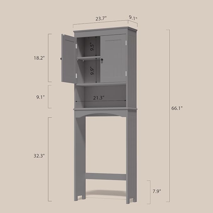 Gizoon Over The Toilet Storage Cabinet with Adjustable Shelf and Double Doors, Bathroom Space Saver Organizer Above Toilet with Open Shelf, Taller Wooden Free Standing Toilet Rack -Grey