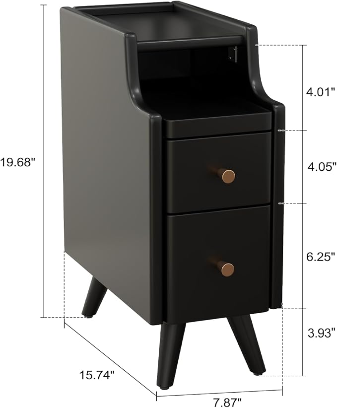 AQIMUELE Small Nightstand with Drawers, Solid Wood Narrow Bedside Table, Narrow Nightstand for Bedroom