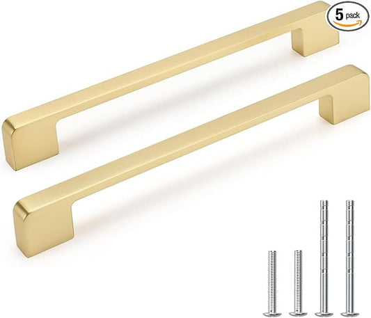 5 Pack 7-9/16 Inch Brushed Gold Cabinet Pulls Solid Zinc Alloy Gold Cabinet Handles - Brushed Brass Dresser Drawer Pulls for Kitchen Cabinet Hardware Zinc Alloy Handles