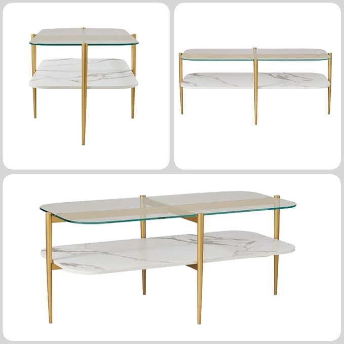 Saint Mossi Oval Glass Coffee Table for Living Room, Mid Century Center Table, Clear Glass & White MDF Bottom Shelf with Rounded Corners, L41xW21xH17, Gold Table Legs